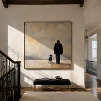 Fog Keeps Company – Figure and Dog in Fog painting by Hannah Brooks, minimalist figurative square wall art – styled room scene view 1