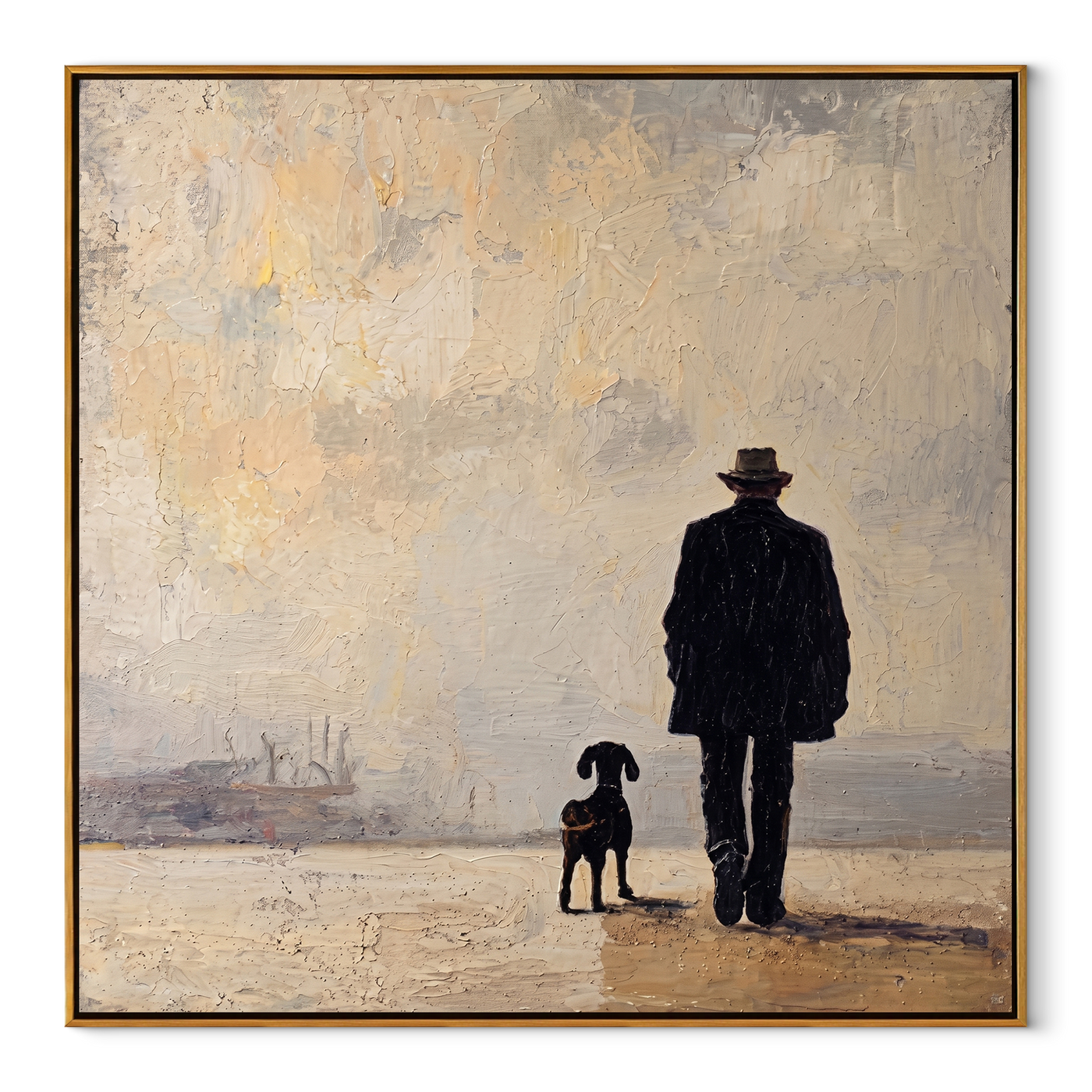 Fog Keeps Company – Figure and Dog in Fog painting by Hannah Brooks, minimalist figurative square wall art – wood frame on white background