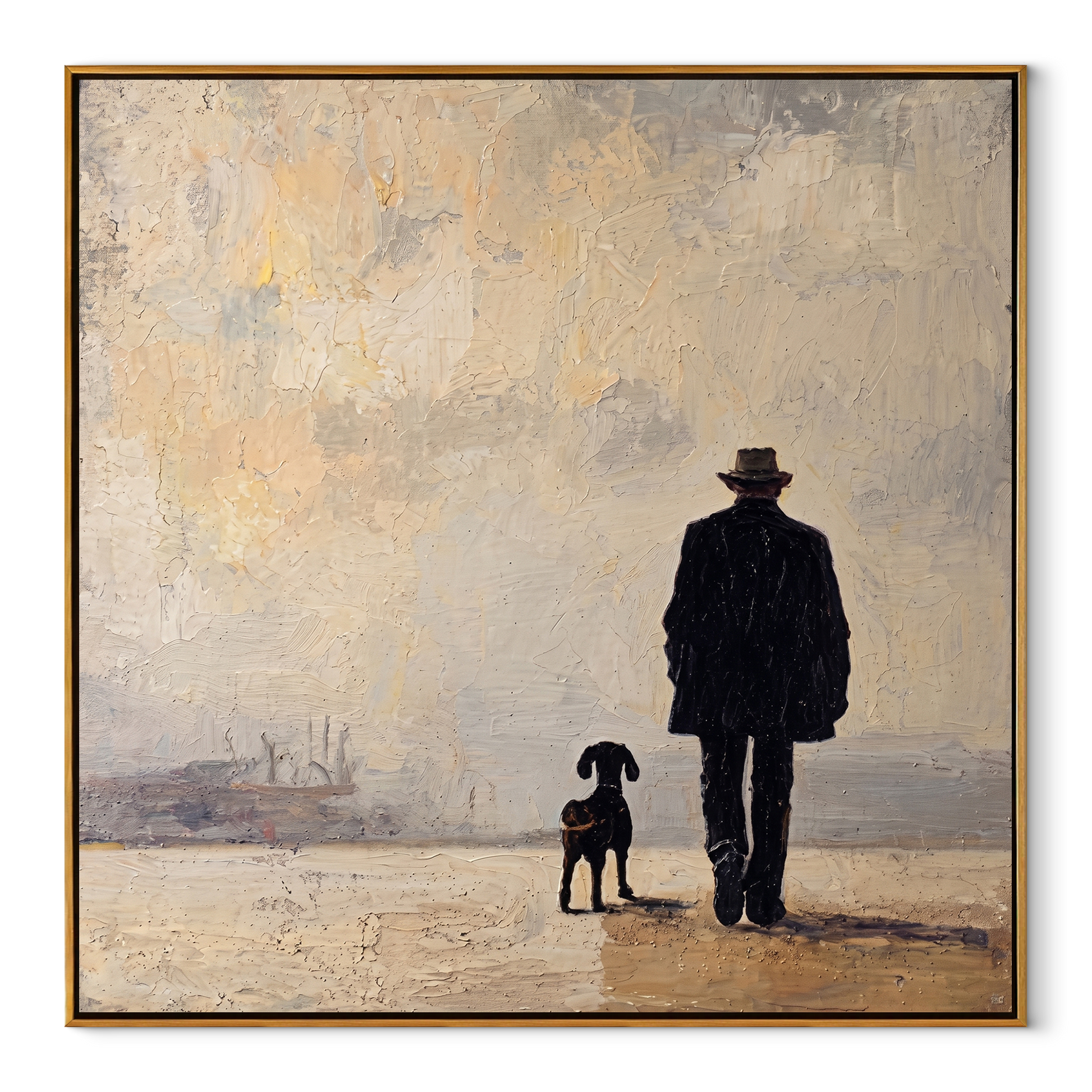 Fog Keeps Company – Figure and Dog in Fog painting by Hannah Brooks, minimalist figurative square wall art – wood frame on white background