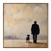 Fog Keeps Company – Figure and Dog in Fog painting by Hannah Brooks, minimalist figurative square wall art – wood frame on white background