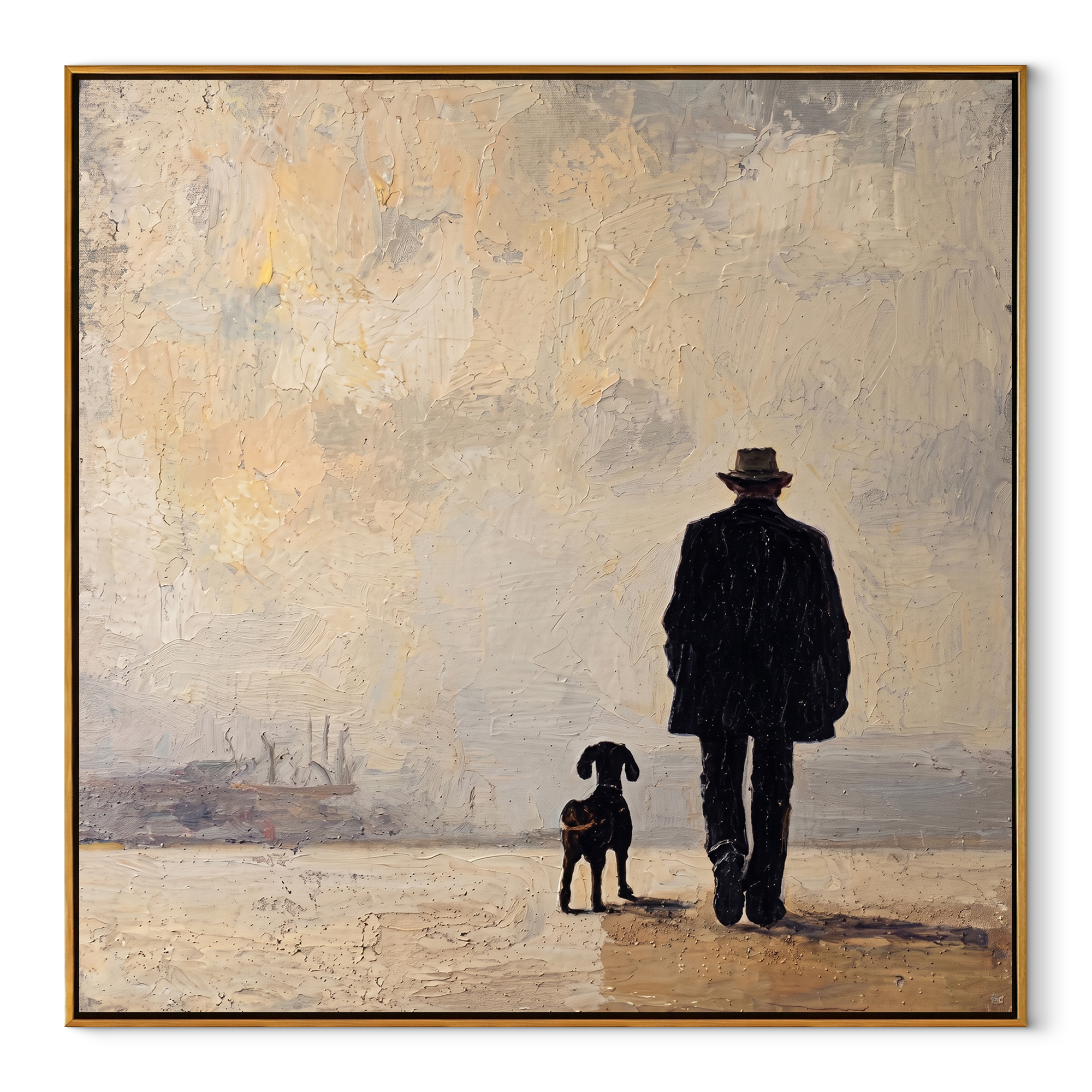 Fog Keeps Company – Figure and Dog in Fog painting by Hannah Brooks, minimalist figurative square wall art – wood frame on white background
