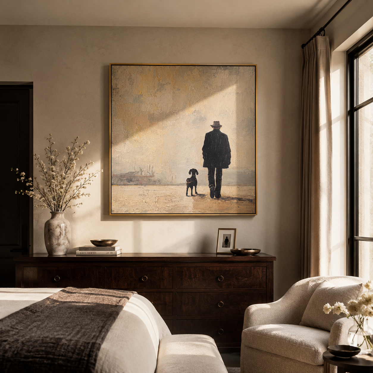 Fog Keeps Company – Figure and Dog in Fog painting by Hannah Brooks, minimalist figurative square wall art – styled room scene view 2