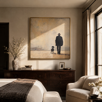 Fog Keeps Company – Figure and Dog in Fog painting by Hannah Brooks, minimalist figurative square wall art – styled room scene view 2