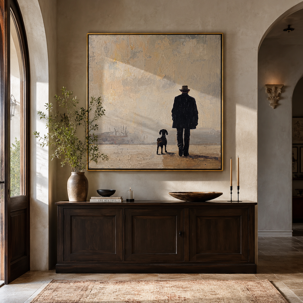 Fog Keeps Company – Figure and Dog in Fog painting by Hannah Brooks, minimalist figurative square wall art – styled room scene view 3