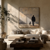 Fog Keeps Company – Figure and Dog in Fog painting by Hannah Brooks, minimalist figurative square wall art – styled room scene view 4