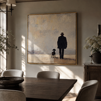 Fog Keeps Company – Figure and Dog in Fog painting by Hannah Brooks, minimalist figurative square wall art – styled room scene view 5