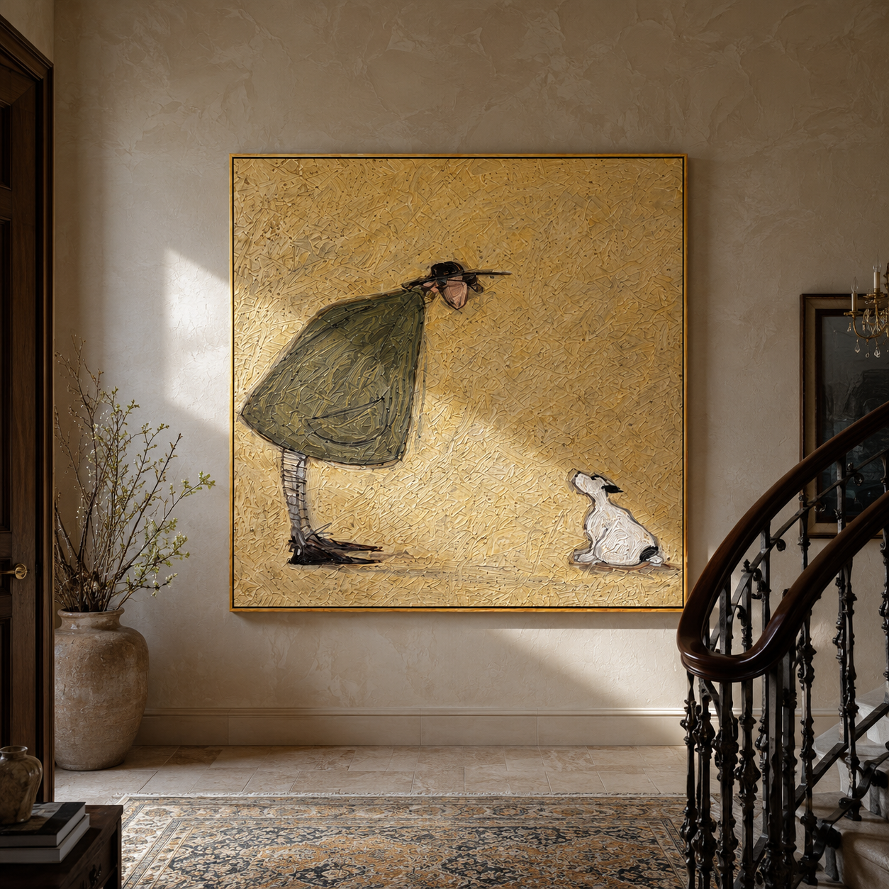 She Bends Gently – Woman Greeting White Dog painting by Hannah Brooks, minimalist figurative square wall art – styled room scene view 1