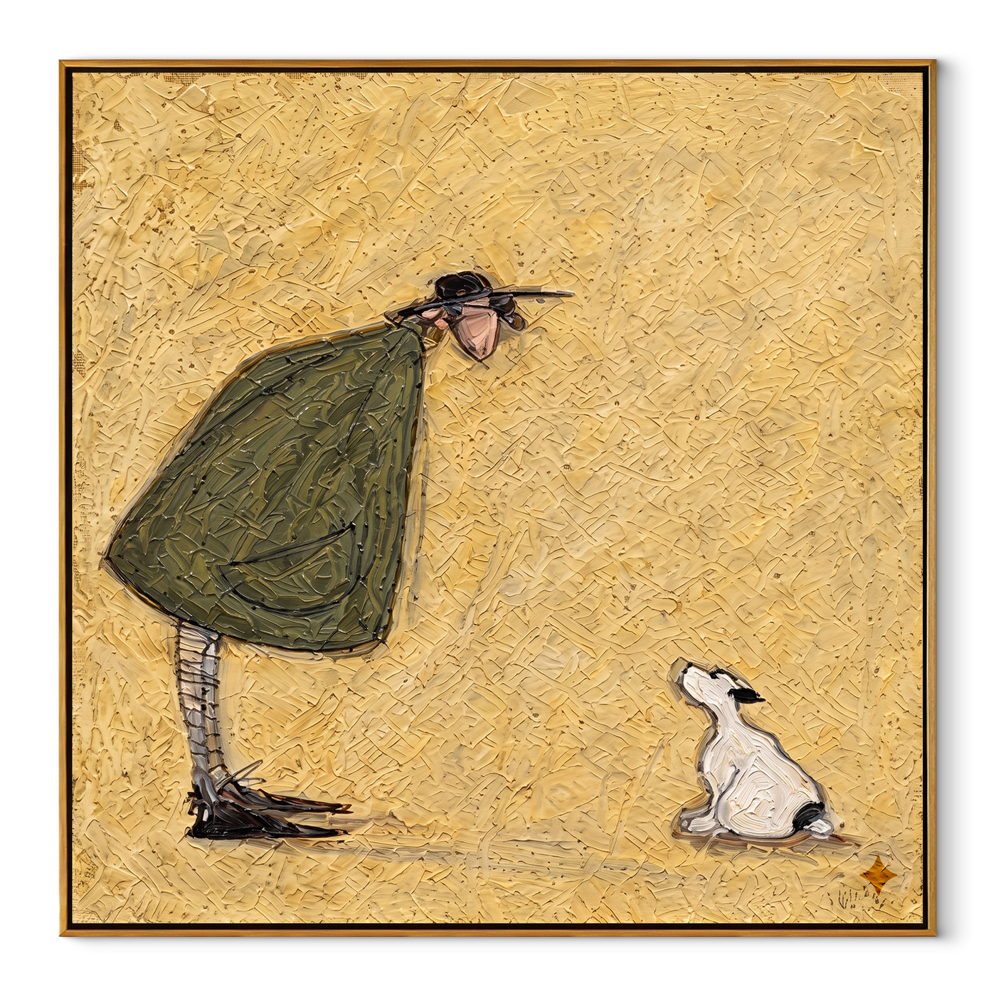She Bends Gently – Woman Greeting White Dog painting by Hannah Brooks, minimalist figurative square wall art – wood frame on white background