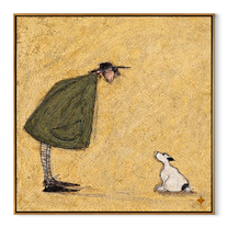 She Bends Gently – Woman Greeting White Dog painting by Hannah Brooks, minimalist figurative square wall art – wood frame on white background