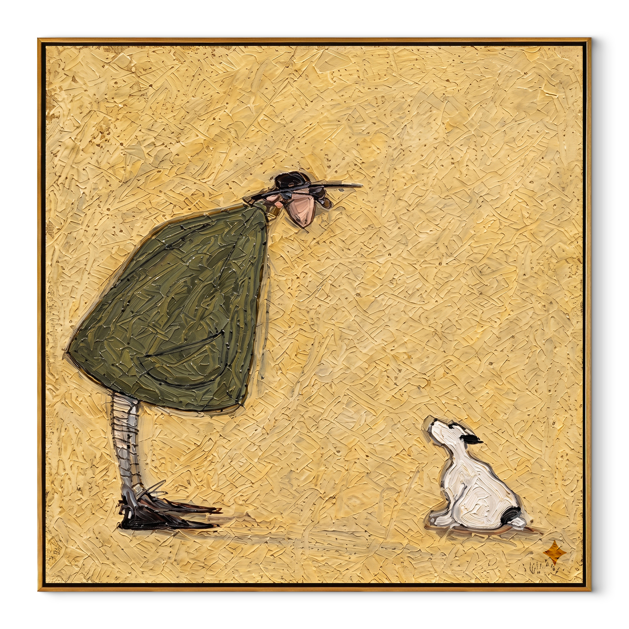 She Bends Gently – Woman Greeting White Dog painting by Hannah Brooks, minimalist figurative square wall art – wood frame on white background