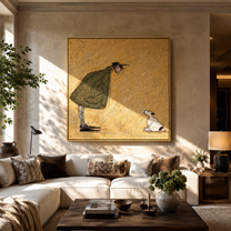 She Bends Gently – Woman Greeting White Dog painting by Hannah Brooks, minimalist figurative square wall art – styled room scene view 2