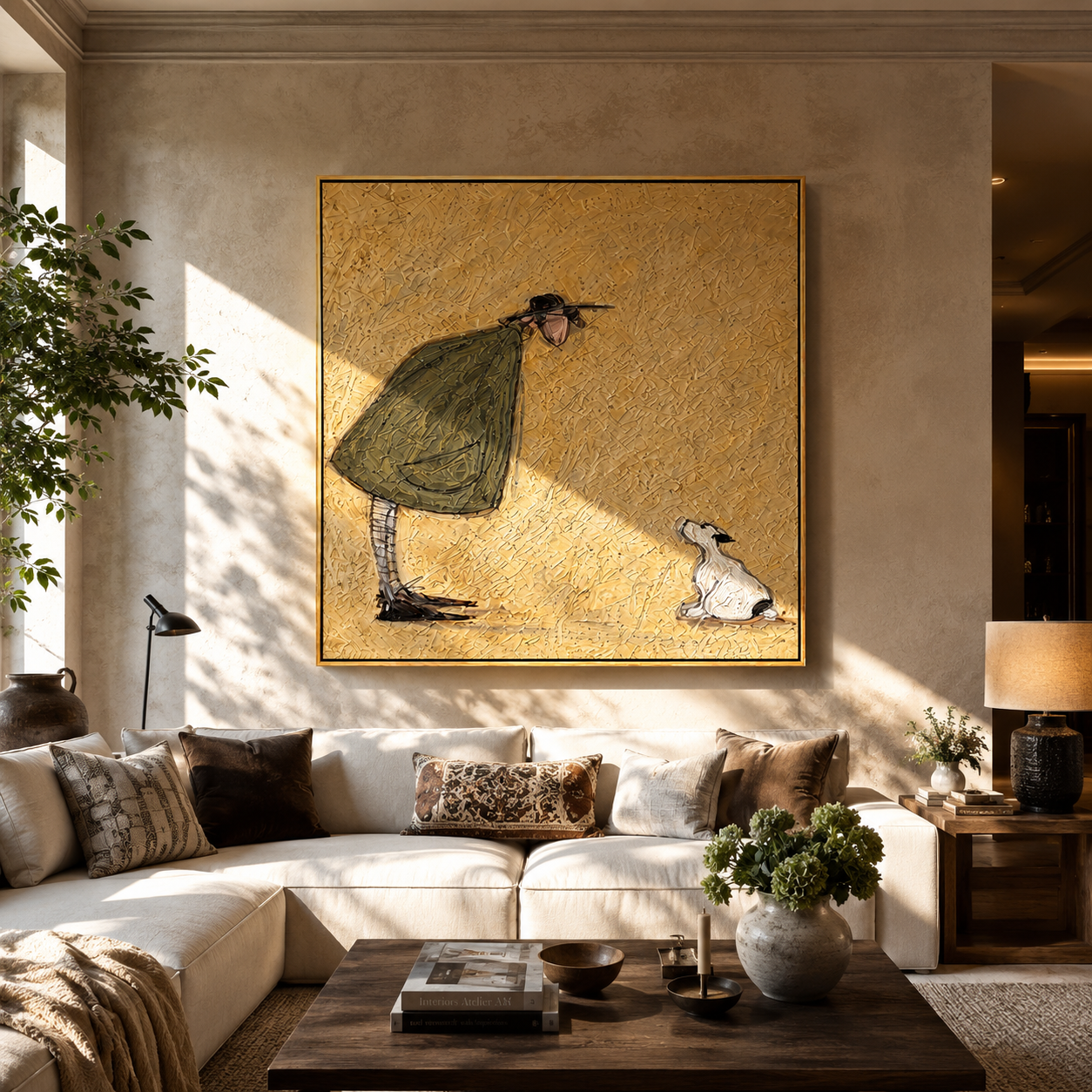 She Bends Gently – Woman Greeting White Dog painting by Hannah Brooks, minimalist figurative square wall art – styled room scene view 2