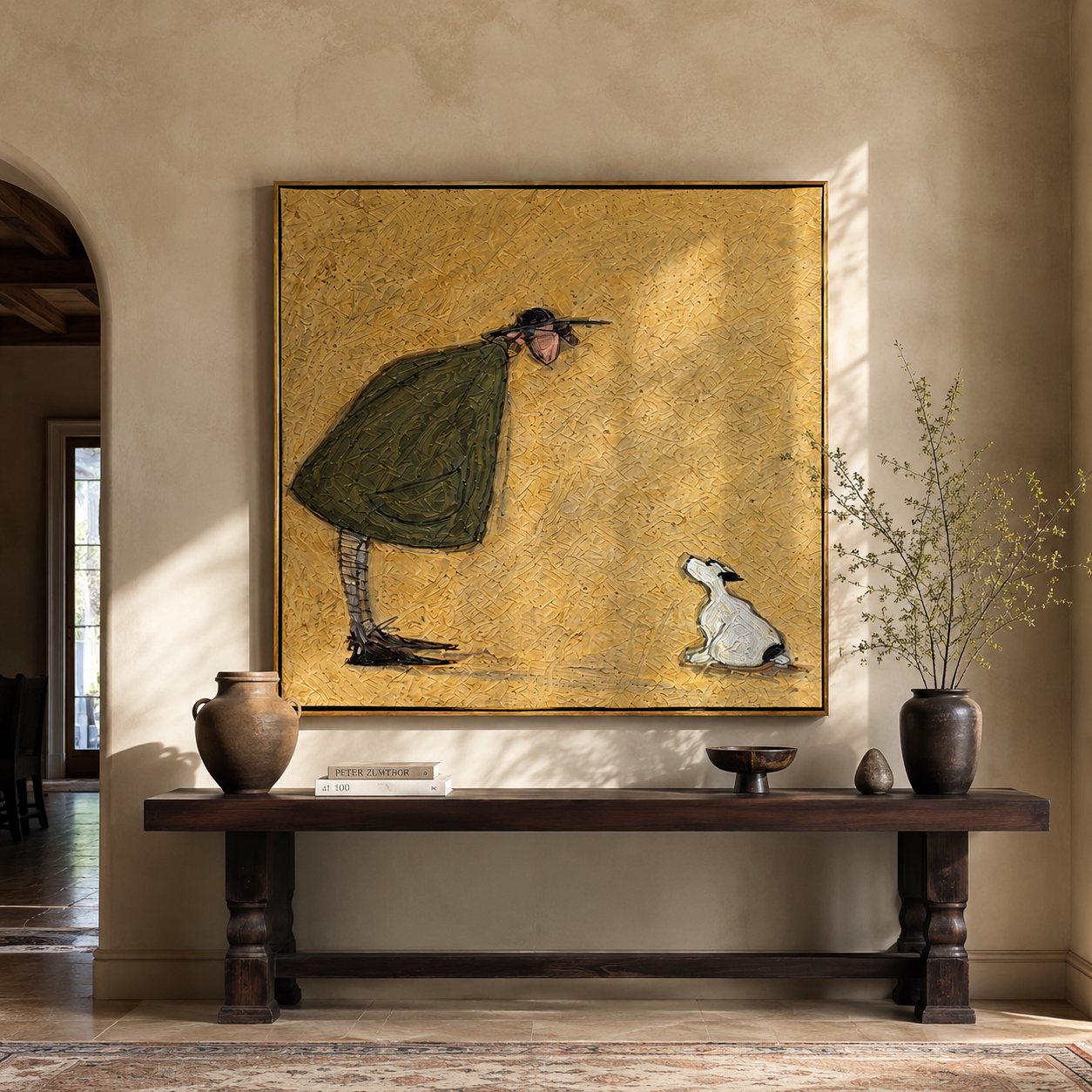 She Bends Gently – Woman Greeting White Dog painting by Hannah Brooks, minimalist figurative square wall art – styled room scene view 3