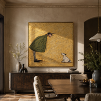 She Bends Gently – Woman Greeting White Dog painting by Hannah Brooks, minimalist figurative square wall art – styled room scene view 4