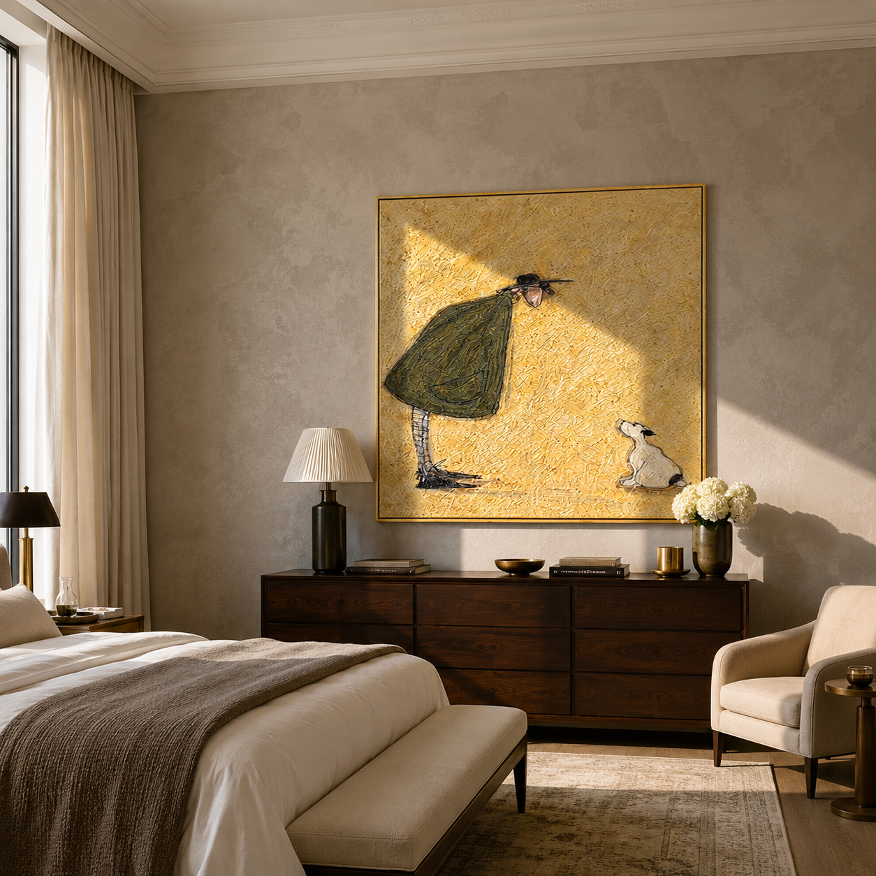 She Bends Gently – Woman Greeting White Dog painting by Hannah Brooks, minimalist figurative square wall art – styled room scene view 5