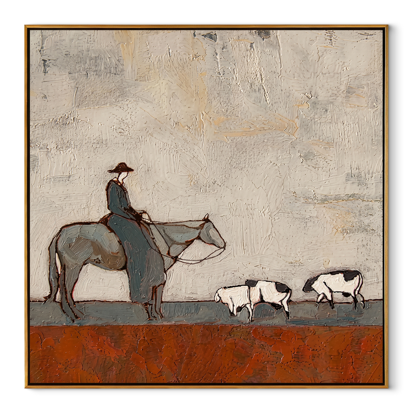 Pasture Moves Slowly – Horse Rider and Farm Animals painting by Hannah Brooks, minimalist figurative square wall art – wood frame on white background
