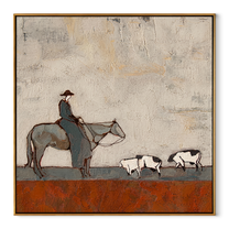 Pasture Moves Slowly – Horse Rider and Farm Animals painting by Hannah Brooks, minimalist figurative square wall art – wood frame on white background