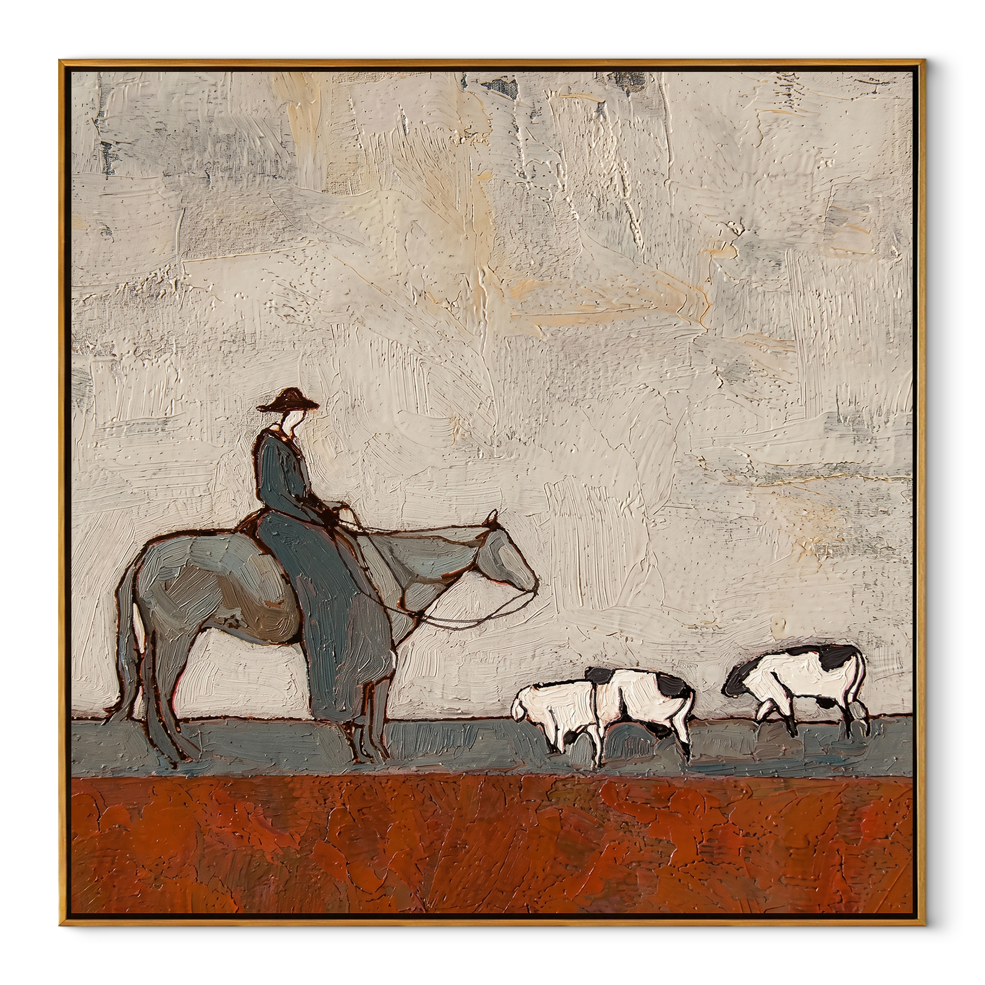 Pasture Moves Slowly – Horse Rider and Farm Animals painting by Hannah Brooks, minimalist figurative square wall art – wood frame on white background