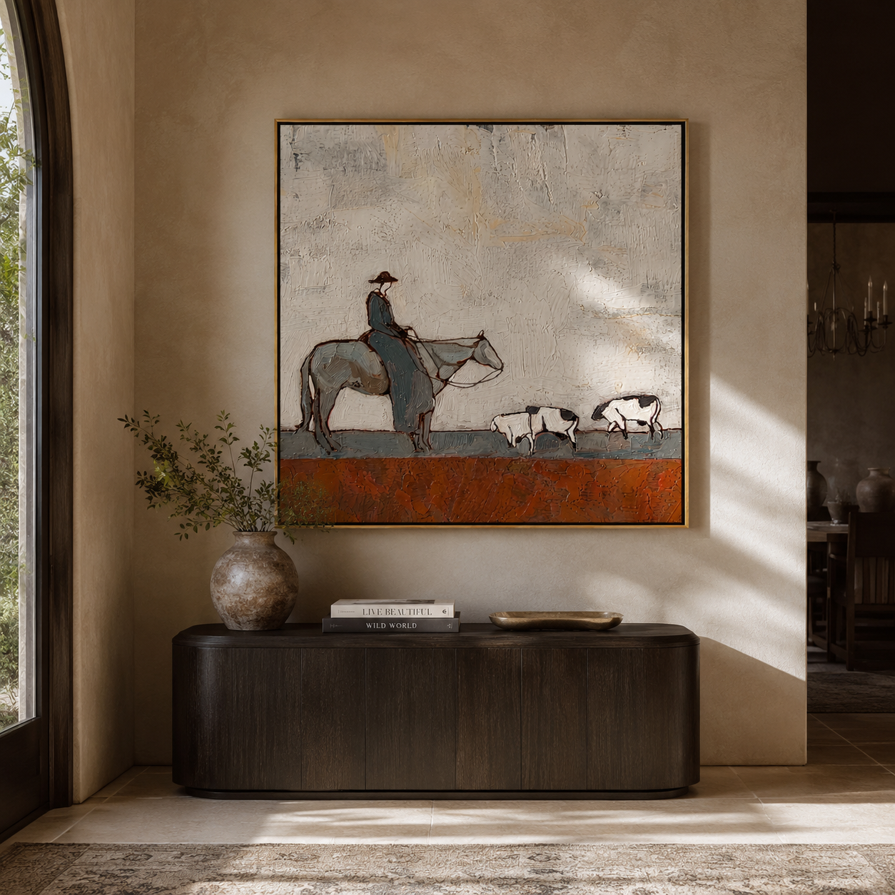 Pasture Moves Slowly – Horse Rider and Farm Animals painting by Hannah Brooks, minimalist figurative square wall art – styled room scene view 2