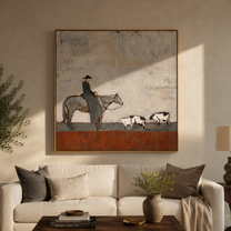 Pasture Moves Slowly – Horse Rider and Farm Animals painting by Hannah Brooks, minimalist figurative square wall art – styled room scene view 3