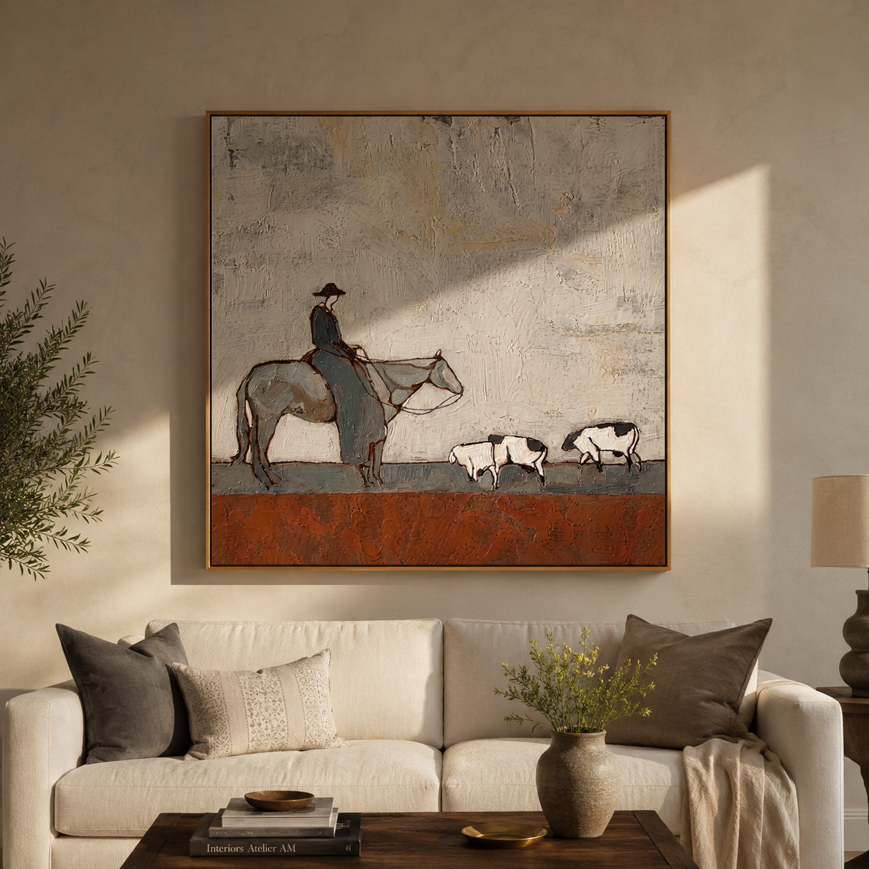 Pasture Moves Slowly – Horse Rider and Farm Animals painting by Hannah Brooks, minimalist figurative square wall art – styled room scene view 3
