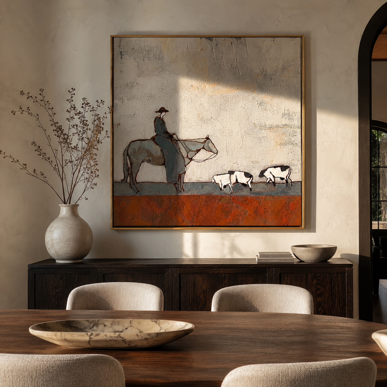 Pasture Moves Slowly – Horse Rider and Farm Animals painting by Hannah Brooks, minimalist figurative square wall art – styled room scene view 4