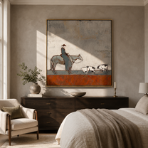 Pasture Moves Slowly – Horse Rider and Farm Animals painting by Hannah Brooks, minimalist figurative square wall art – styled room scene view 5