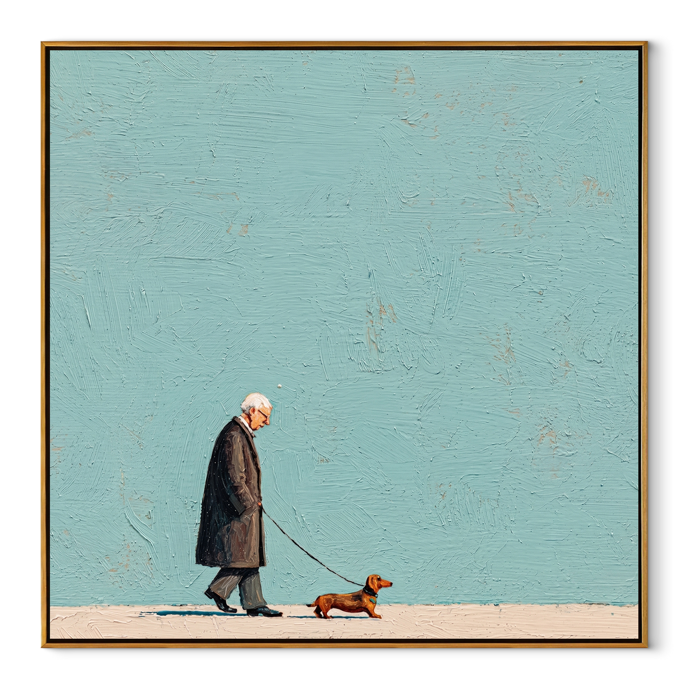 Blue Sky Walks – Blue Field Dog Walk painting by Hannah Brooks, minimalist figurative square wall art – wood frame on white background