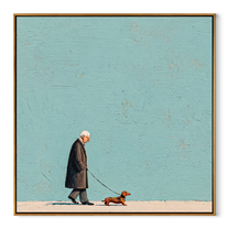Blue Sky Walks – Blue Field Dog Walk painting by Hannah Brooks, minimalist figurative square wall art – wood frame on white background