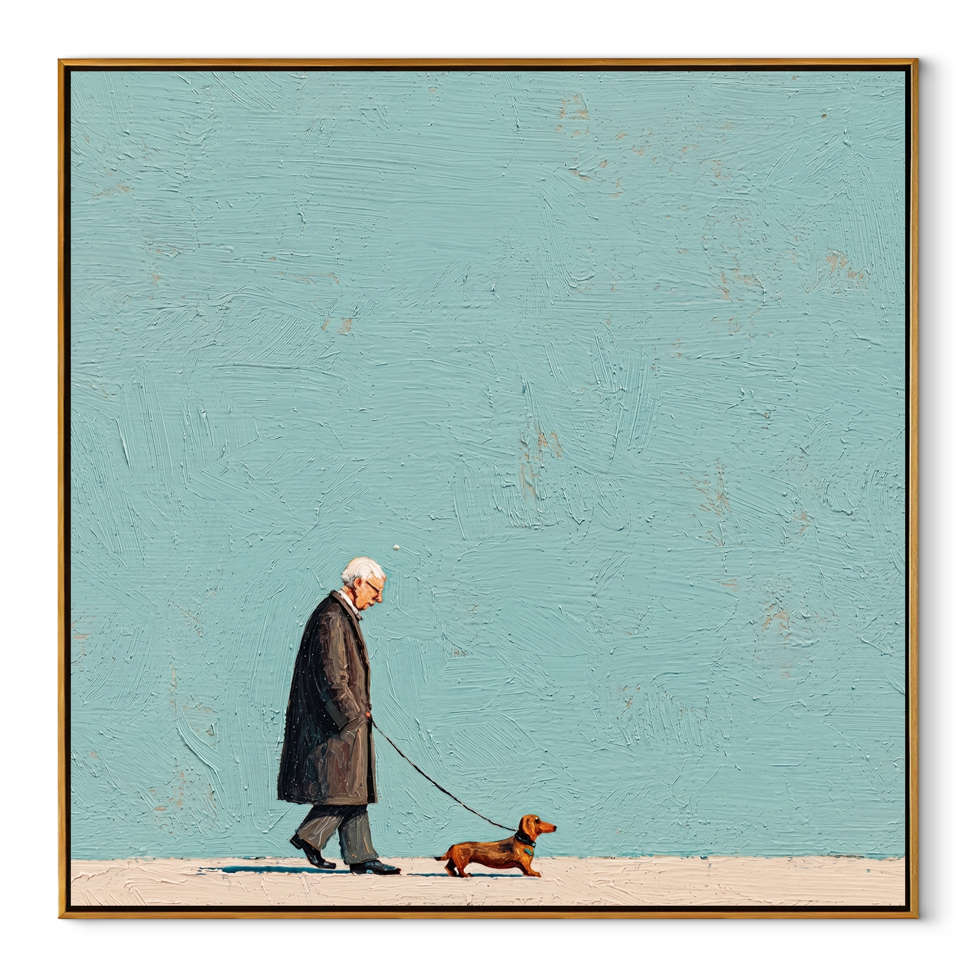 Blue Sky Walks – Blue Field Dog Walk painting by Hannah Brooks, minimalist figurative square wall art – wood frame on white background
