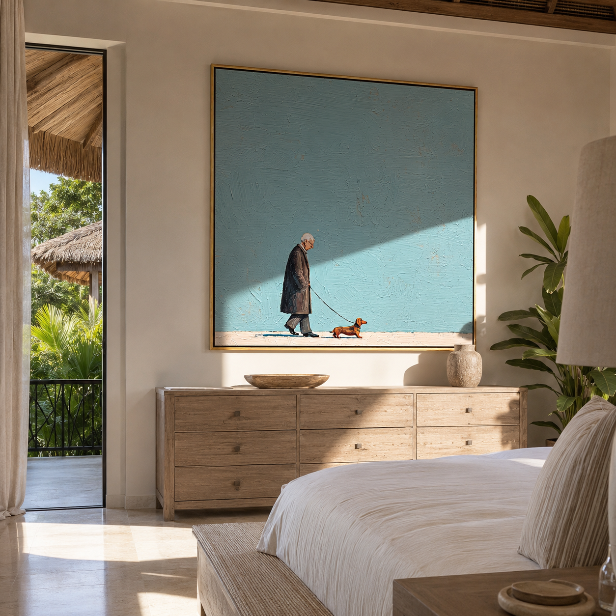Blue Sky Walks – Blue Field Dog Walk painting by Hannah Brooks, minimalist figurative square wall art – styled room scene view 3