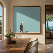 Blue Sky Walks – Blue Field Dog Walk painting by Hannah Brooks, minimalist figurative square wall art – styled room scene view 4