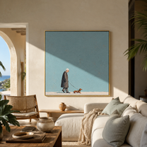 Blue Sky Walks – Blue Field Dog Walk painting by Hannah Brooks, minimalist figurative square wall art – styled room scene view 5