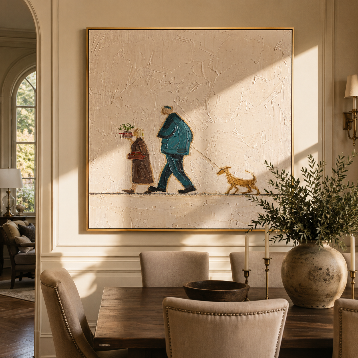 Flowers Between Footsteps – Older Couple and Dog painting by Hannah Brooks, minimalist figurative square wall art – styled room scene view 1