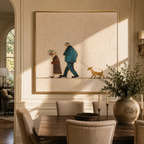 Flowers Between Footsteps – Older Couple and Dog painting by Hannah Brooks, minimalist figurative square wall art – styled room scene view 1