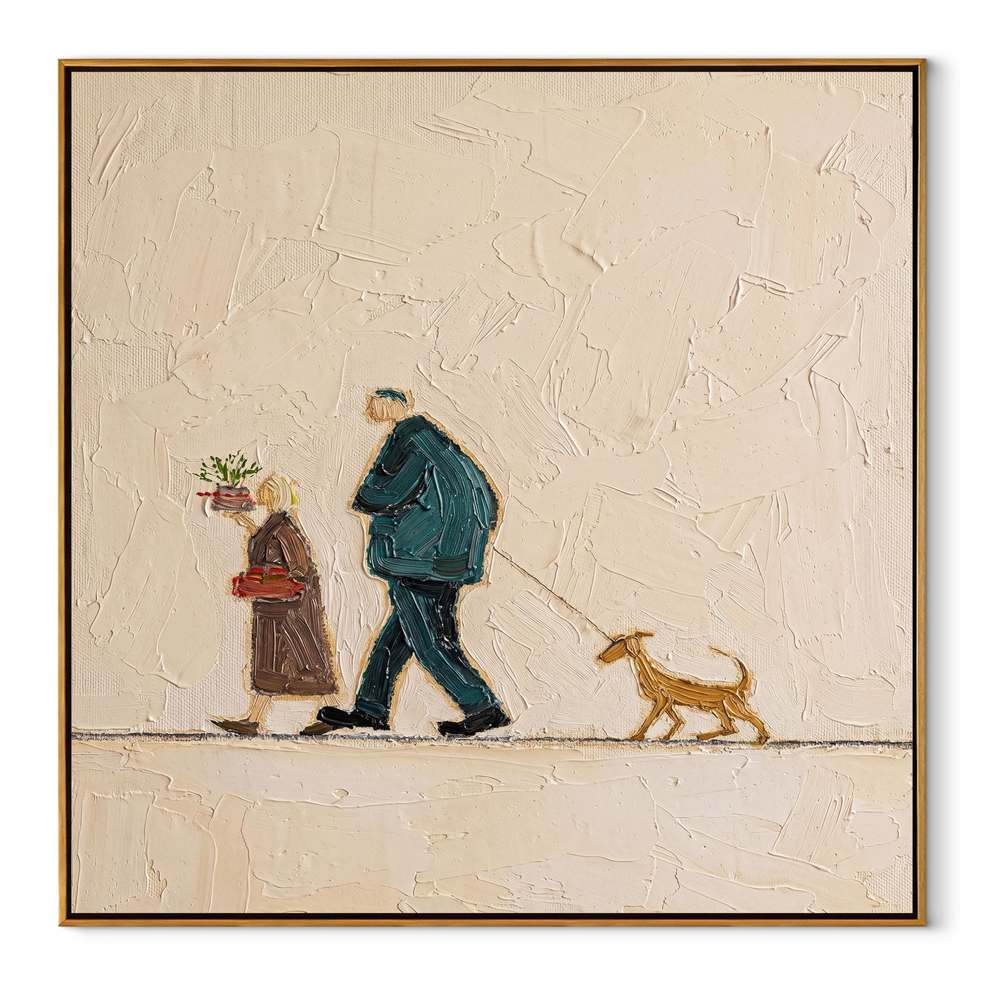 Flowers Between Footsteps – Older Couple and Dog painting by Hannah Brooks, minimalist figurative square wall art – wood frame on white background