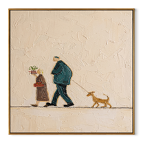 Flowers Between Footsteps – Older Couple and Dog painting by Hannah Brooks, minimalist figurative square wall art – wood frame on white background