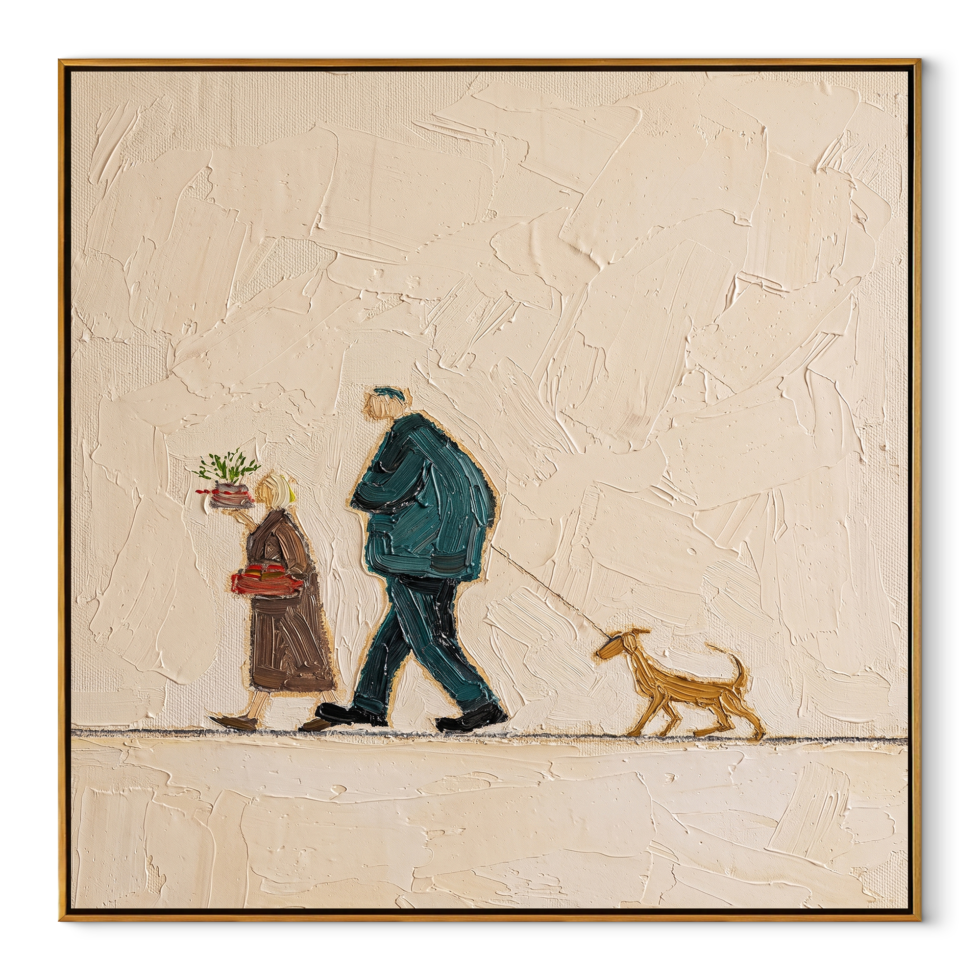 Flowers Between Footsteps – Older Couple and Dog painting by Hannah Brooks, minimalist figurative square wall art – wood frame on white background