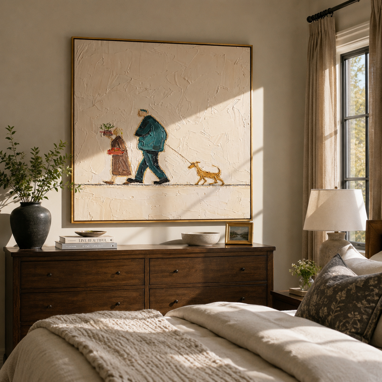 Flowers Between Footsteps – Older Couple and Dog painting by Hannah Brooks, minimalist figurative square wall art – styled room scene view 2