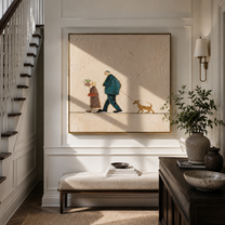 Flowers Between Footsteps – Older Couple and Dog painting by Hannah Brooks, minimalist figurative square wall art – styled room scene view 3