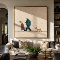 Flowers Between Footsteps – Older Couple and Dog painting by Hannah Brooks, minimalist figurative square wall art – styled room scene view 4