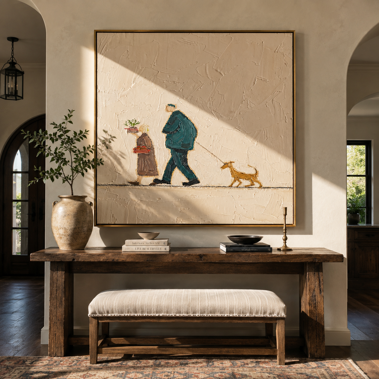 Flowers Between Footsteps – Older Couple and Dog painting by Hannah Brooks, minimalist figurative square wall art – styled room scene view 5