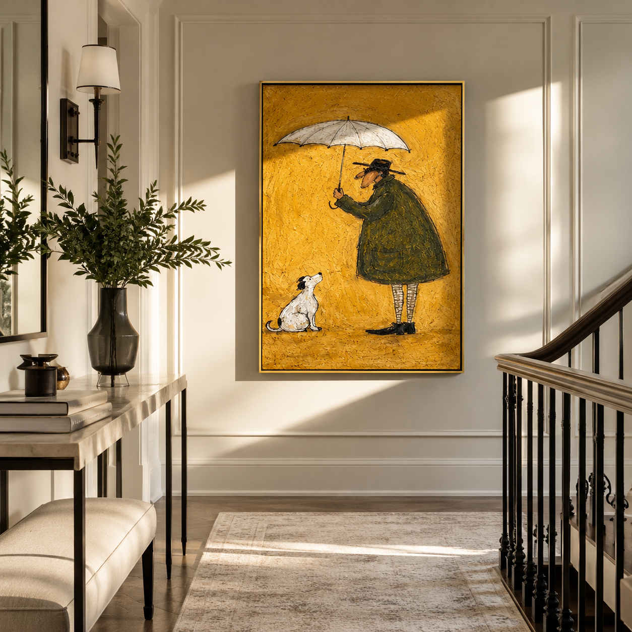 Umbrella Holds Gold – Umbrella Figure and White Dog painting by Hannah Brooks, minimalist figurative vertical wall art – styled room scene view 1