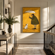 Umbrella Holds Gold – Umbrella Figure and White Dog painting by Hannah Brooks, minimalist figurative vertical wall art – styled room scene view 1