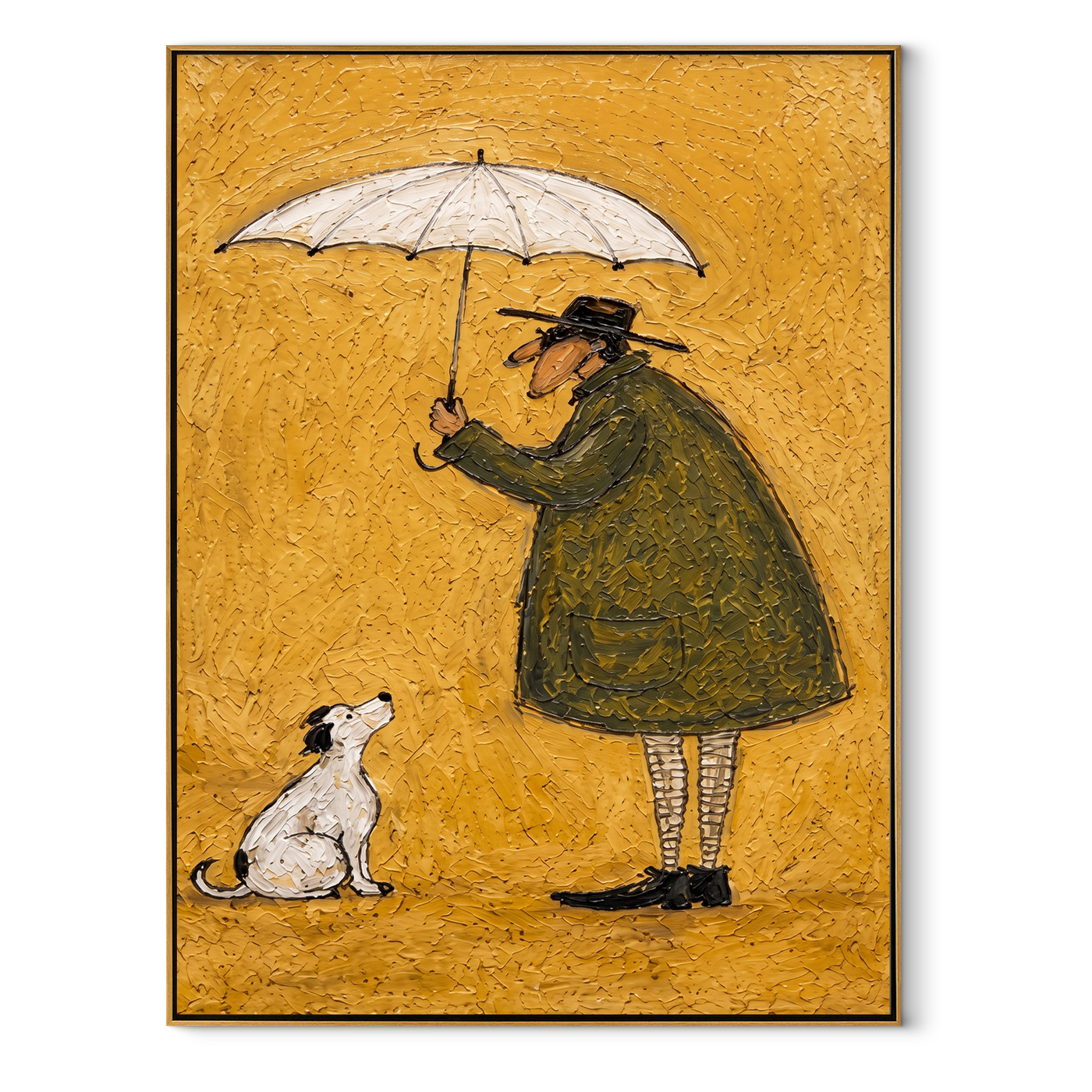 Umbrella Holds Gold – Umbrella Figure and White Dog painting by Hannah Brooks, minimalist figurative vertical wall art – wood frame on white background