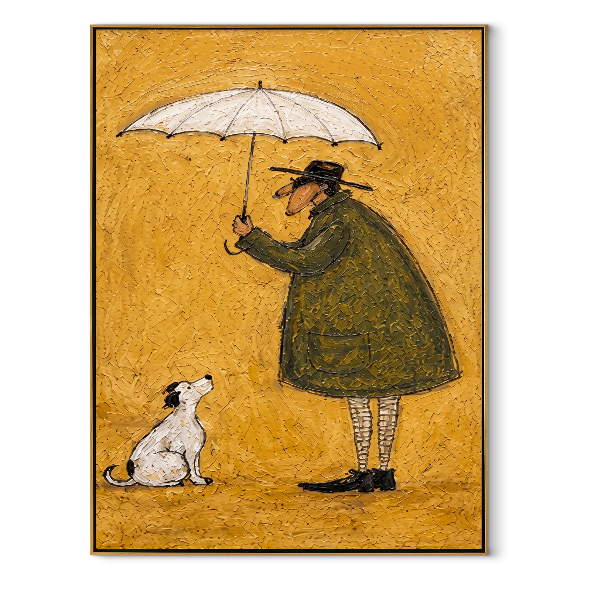 Umbrella Holds Gold – Umbrella Figure and White Dog painting by Hannah Brooks, minimalist figurative vertical wall art – wood frame on white background