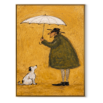 Umbrella Holds Gold – Umbrella Figure and White Dog painting by Hannah Brooks, minimalist figurative vertical wall art – wood frame on white background
