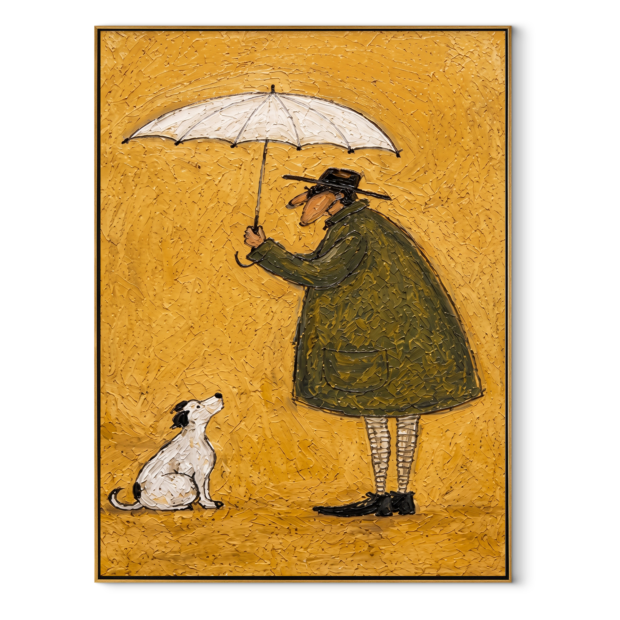 Umbrella Holds Gold – Umbrella Figure and White Dog painting by Hannah Brooks, minimalist figurative vertical wall art – wood frame on white background