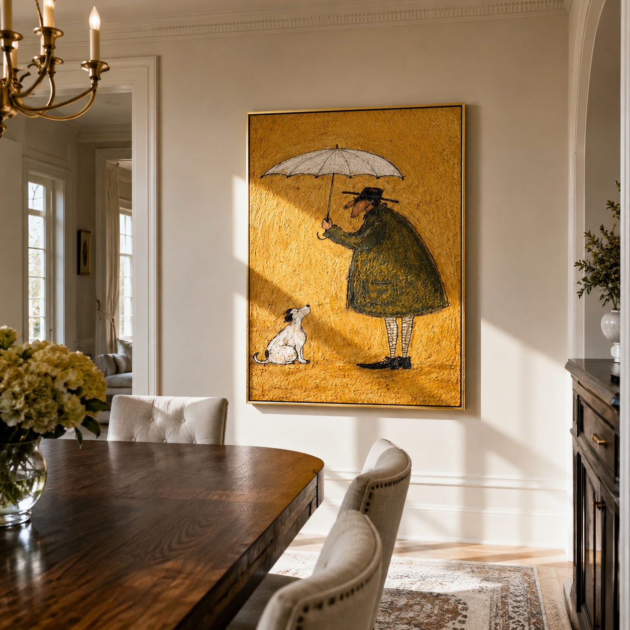 Umbrella Holds Gold – Umbrella Figure and White Dog painting by Hannah Brooks, minimalist figurative vertical wall art – styled room scene view 2