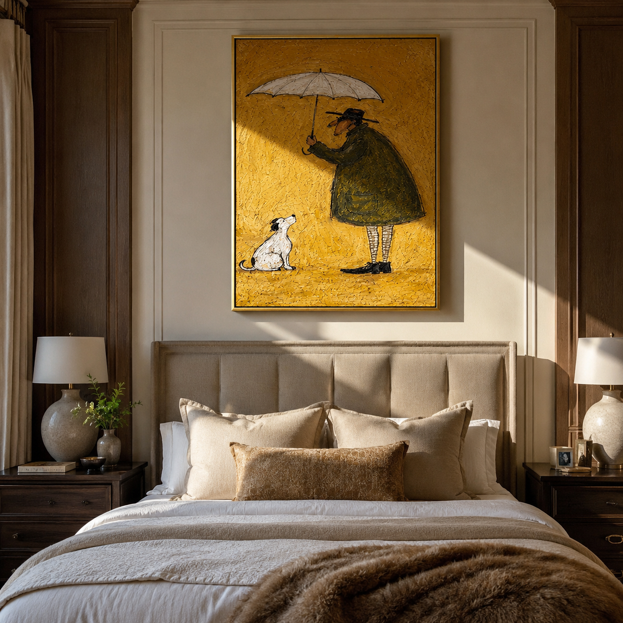 Umbrella Holds Gold – Umbrella Figure and White Dog painting by Hannah Brooks, minimalist figurative vertical wall art – styled room scene view 3